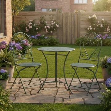 Set Bistrot Greeny in Ferro Verniciato Verde Chiaro - Tavolino Rotondo + 2 Sedie - per Veranda, Terrazza, Balcone, Giardino