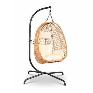 Poltrona Sospesa Nest in Vimini Natural con Telaio in Ferro Verniciato e Cuscini Waterproof Imbottiti 106x106 h186 cm