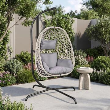 Poltrona Sospesa Nest in Vimini Grigia con Telaio in Ferro Verniciato e Cuscini Waterproof Imbottiti 106x106 h186 cm