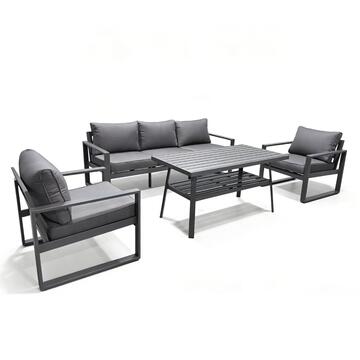 Salotto Andon in Alluminio Grigio - Divano 3 Posti + 2 Poltrone + Tavolino - per Interno ed Esterno - con Cuscini Sfoderabili Grigi