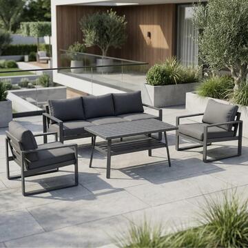 Salotto Andon in Alluminio Grigio - Divano 3 Posti + 2 Poltrone + Tavolino - per Interno ed Esterno - con Cuscini Sfoderabili Grigi