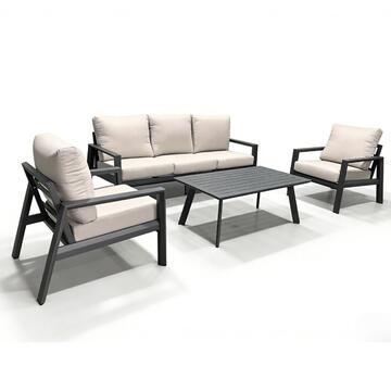 Salotto Misho in Alluminio Grigio - Divano 3 Posti + 2 Poltrone + Tavolino - per Interno ed Esterno - con Cuscini Sfoderabili Beige