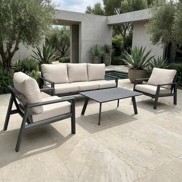 Salotto Misho in Alluminio Grigio - Divano 3 Posti + 2 Poltrone + Tavolino - per Interno ed Esterno - con Cuscini Sfoderabili Beige