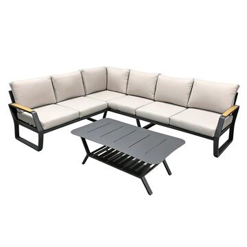 Divano Angolare SX Boyko in Alluminio Grigio - Divano 6 Posti + Tavolino - per Interno ed Esterno - con Cuscini Sfoderabili Beige