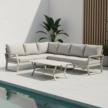 Divano Angolare SX Boyko in Alluminio Beige - Divano 6 Posti + Tavolino - per Interno ed Esterno - con Cuscini Sfoderabili Beige