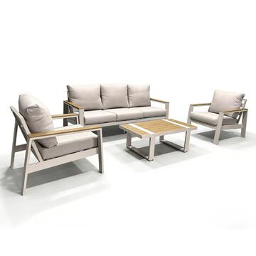 Salotto Dregan in Alluminio Beige - Divano 3 Posti + 2 Poltrone + Tavolino - per Interno ed Esterno - con Cuscini Sfoderabili Beige