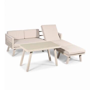 Set Divano Darko 3 Posti con Chaise Longue + Tavolino Beige in Ferro Verniciato con Cuscini Waterproof Sfoderabili