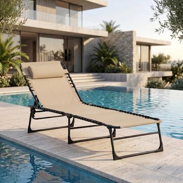 Lettino Prendisole Pieghevole Espana Beige con Cuscino e Struttura in Metallo da Giardino 57x178 h80 cm