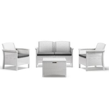 Set da Esterno Venezia Divanetto 2 Posti + 2 Poltrone + Tavolino Contenitore in Polipropilene Effetto Rattan Waterproof Bianco Marino Fa Mercato