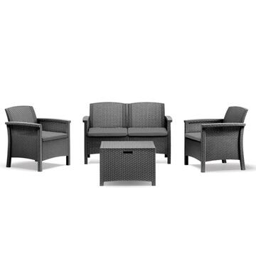 Set da Esterno Venezia Divanetto 2 Posti + 2 Poltrone + Tavolino Contenitore in Polipropilene Effetto Rattan Waterproof Grafite