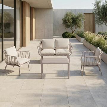 Set da Giardino 4 Posti in Polipropile Anti-UV Tortora Osmanto - Divano 2 Posti + 2 Poltrone + Tavolino - con Cuscini Sfoderabili
